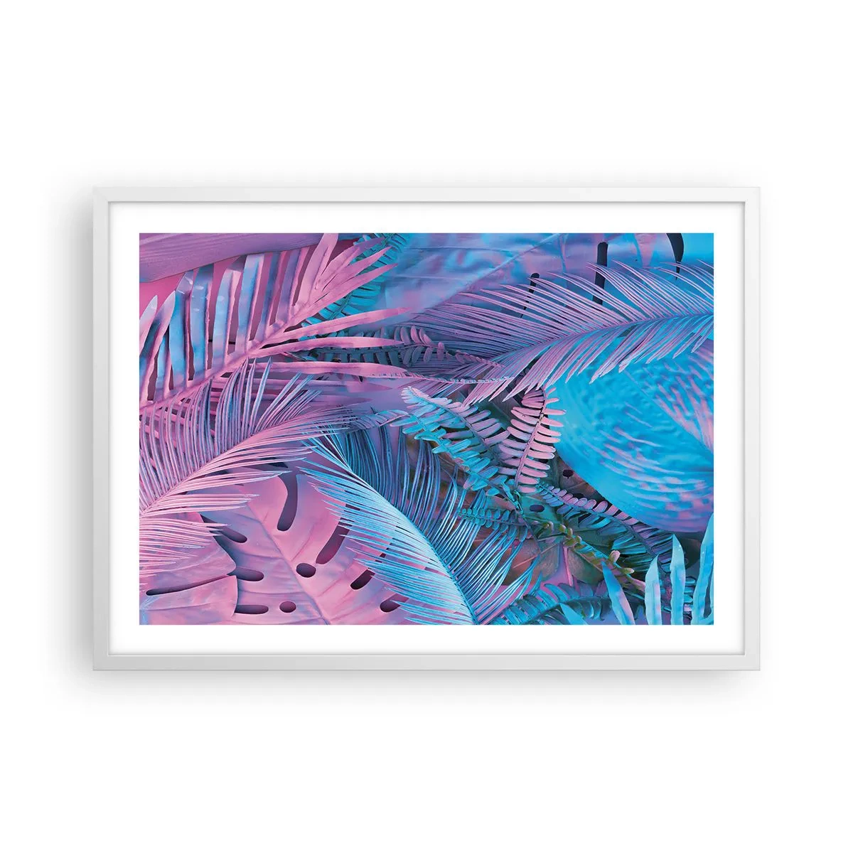 Poster in einem weißen Rahmen - Tropen in Rosa und Blau - 70x50 cm