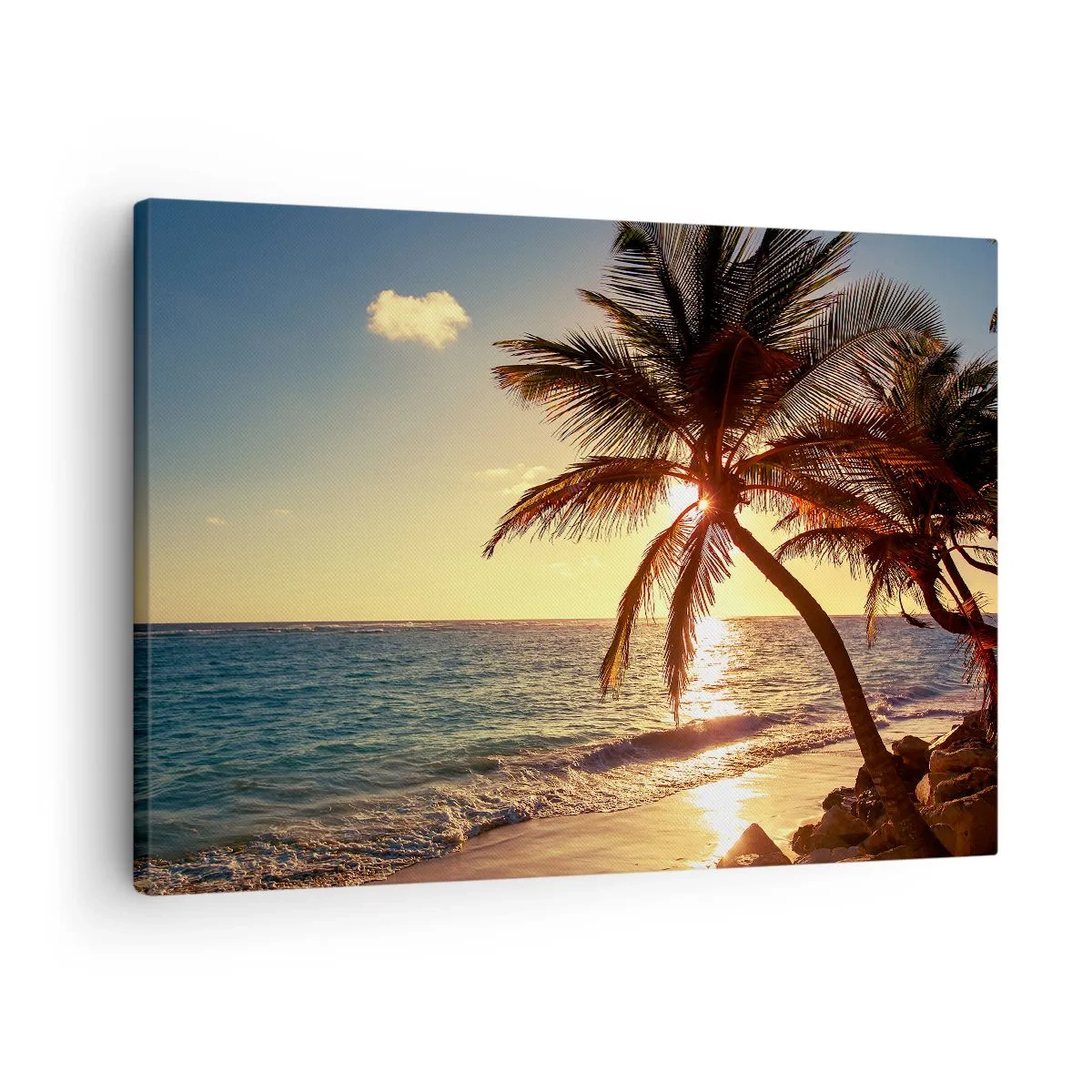 Bild auf Leinwand - Leinwandbild - Tropischer Sonnenuntergang über einem Strand mit Palmen - 70x50cm - Sommer unter Palmen - Moderne Wanddekoration für Wohnzimmer und Schlafzimmer ARTTOR
