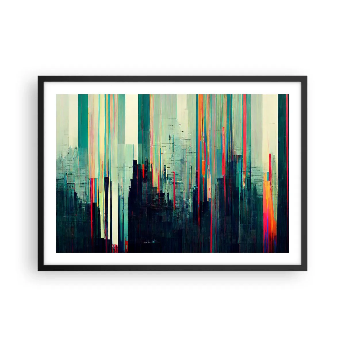 Poster in einem schwarzem Rahmen - Abstraktion mit vertikalen Linien und einer Stadtsilhouette - 70x50cm - Futuristische Stadt - Moderne Wanddekoration für Wohnzimmer und Schlafzimmer ARTTOR