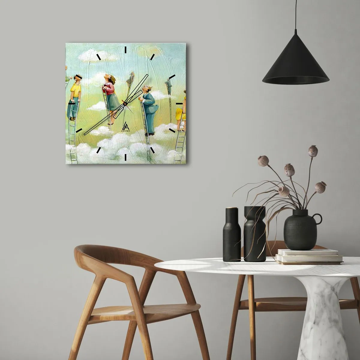 Wanduhr - Glasuhr - Figuren, die auf pastellfarbenem Hintergrund zwischen Wolken Leitern hochklettern. - 30x30cm - Hinter deinem Traum - Moderne Wanddekoration für Wohnzimmer und Schlafzimmer ARTTOR