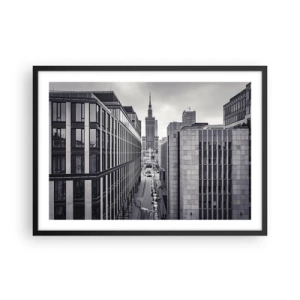 Poster in einem schwarzem Rahmen - Panorama von Warschau mit Blick auf den Kulturpalast und die umliegenden Gebäude - 70x50cm - Warschauer Tal - Moderne Wanddekoration für Wohnzimmer und Schlafzimmer ARTTOR