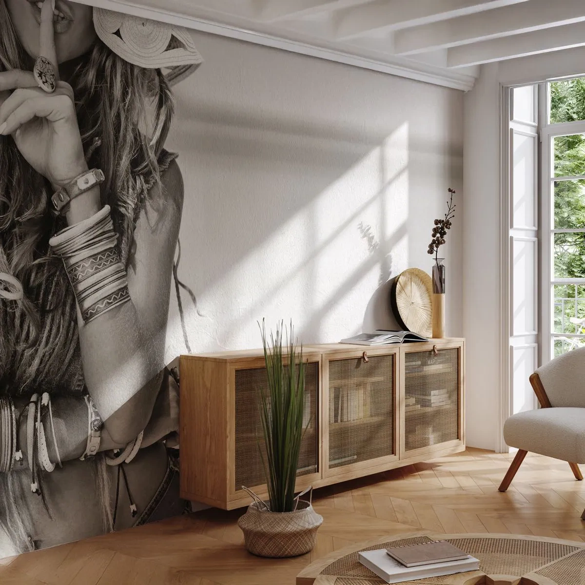 Fototapete Premium Sand - Stilvolle Frau in Sepia-Schmuck - 100x70cm - Wieso ein Mädchen - Moderne Wanddekoration für Wohnzimmer und Schlafzimmer ARTTOR