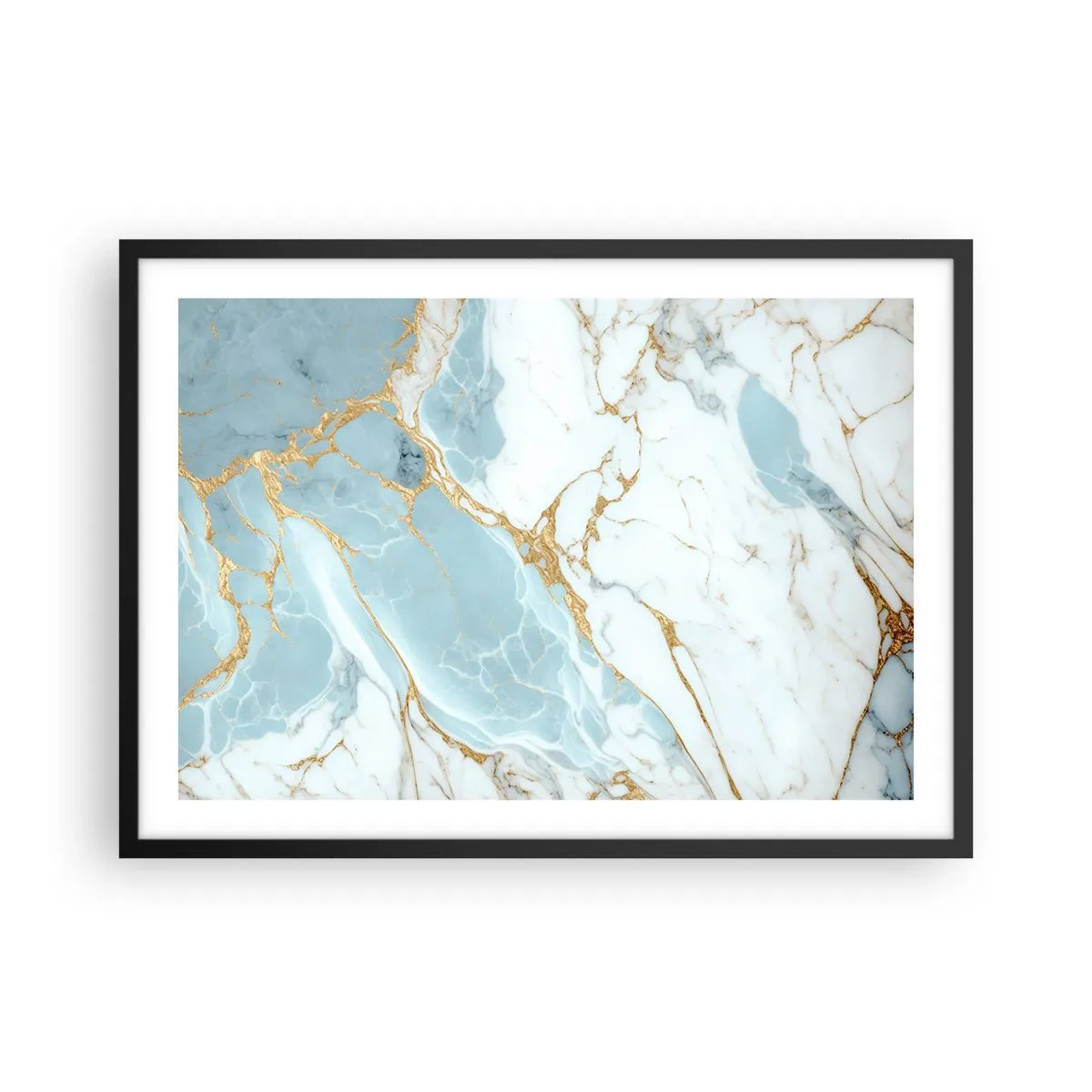 Poster in einem schwarzem Rahmen - Blaue und weiße Marmormuster mit zusätzlichen goldenen Adern - 70x50cm - Reichtum des Steins - Moderne Wanddekoration für Wohnzimmer und Schlafzimmer ARTTOR