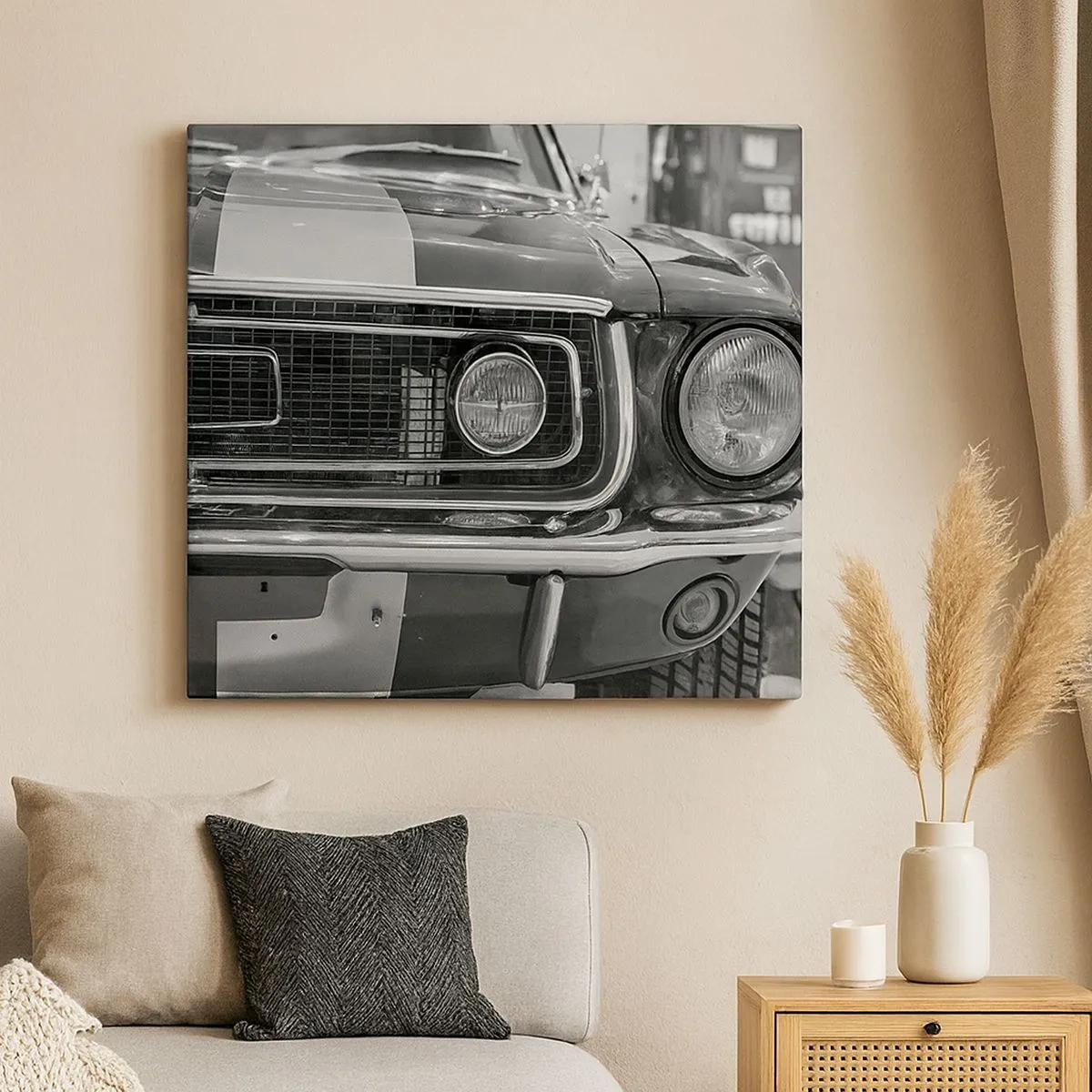 Bild auf Leinwand - Leinwandbild - Schwarz-weiße Motorhaube eines Oldtimers - 70x50cm - Wilder Ritt - Moderne Wanddekoration für Wohnzimmer und Schlafzimmer ARTTOR