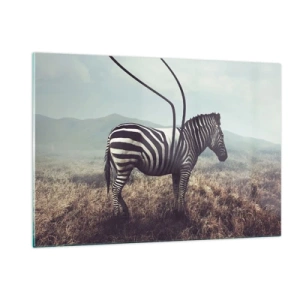 Glasbild - Bild auf glas - Zebra auf Grashintergrund mit surrealen Antennendetails - 120x80cm - Achtung! Fehler - Moderne Wanddekoration für Wohnzimmer und Schlafzimmer ARTTOR