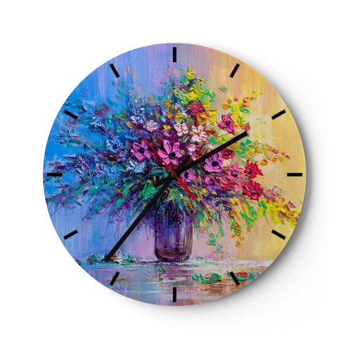 Wanduhr - Glasuhr - Ein Strauß bunter Blumen in einer Glasvase auf pastellfarbenem Hintergrund - 30x30cm - Sommergeschenk der Wiese - Moderne Wanddekoration für Wohnzimmer, Küche und Schlafzimmer ARTTOR