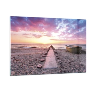 Glasbild - Bild auf glas - Sonnenuntergangsstrand mit Boot und Pier - 120x80cm - Ein Moment tiefer Erfahrung - Moderne Wanddekoration für Wohnzimmer und Schlafzimmer ARTTOR