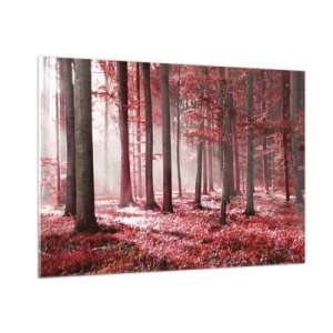 Glasbild - Bild auf glas - Herbstwald in roten Farben und Morgennebel - 100x70cm - Rot ist genauso schön - Moderne Wanddekoration für Wohnzimmer und Schlafzimmer ARTTOR