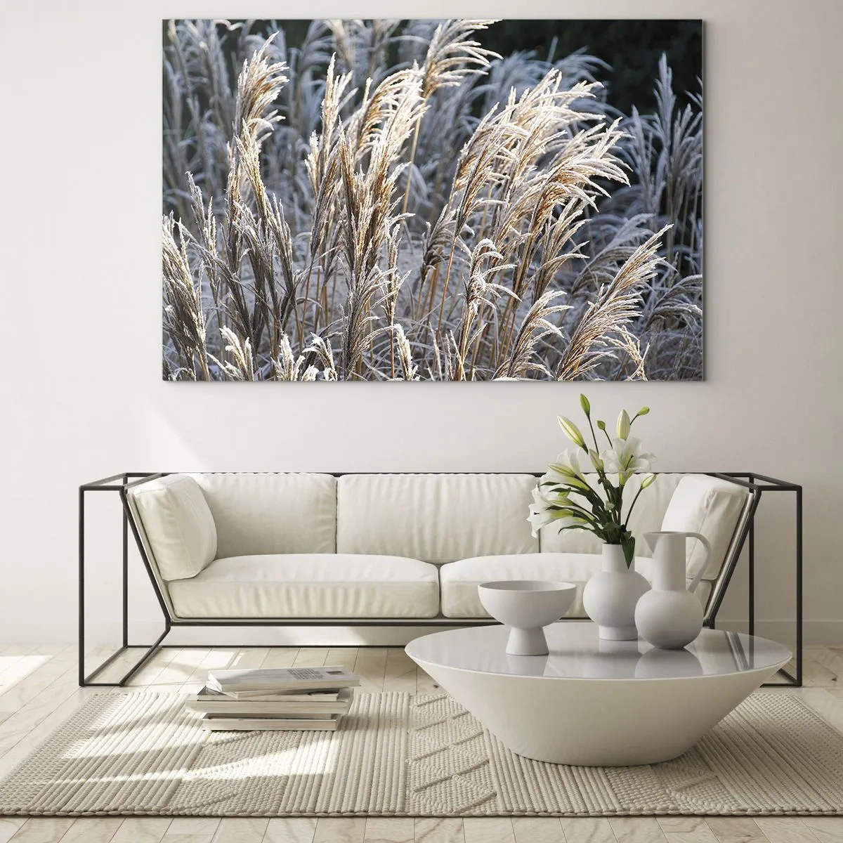 Glasbild - Bild auf glas - Gefrorene Gräser in der Wintersonne - 120x80cm - Gekleidet mit Frost - Moderne Wanddekoration für Wohnzimmer und Schlafzimmer ARTTOR
