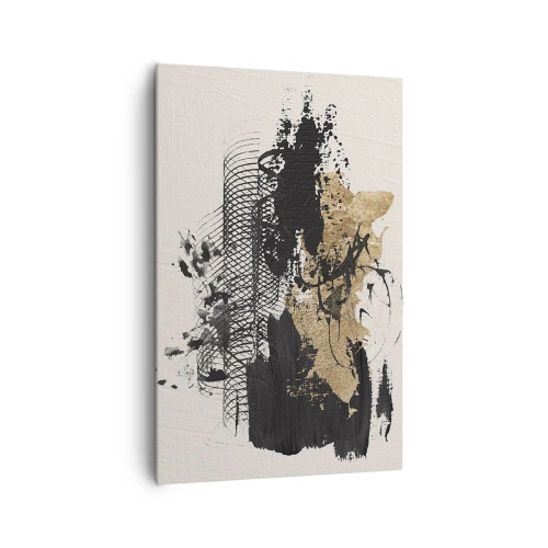 Bild auf Leinwand - Leinwandbild - Ein abstraktes Gemälde in Schwarz und Gold mit dynamischen Linien und Strukturen. - 80x120cm - Komposition mit Leidenschaft - Moderne Wanddekoration für Wohnzimmer und Schlafzimmer ARTTOR