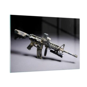 Glasbild - Bild auf glas - Ein modernes Gewehr auf dunklem Hintergrund mit industriellem Akzent - 100x70cm - Immer bedrohlich - Moderne Wanddekoration für Wohnzimmer und Schlafzimmer ARTTOR