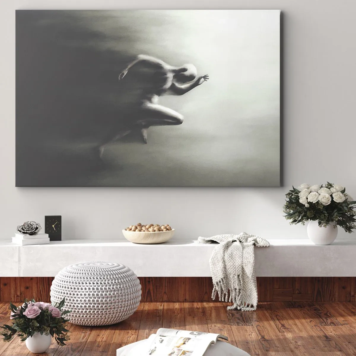 Bild auf Leinwand - Leinwandbild - Eine schwarz-weiße Silhouette einer laufenden Figur in einem dynamischen und surrealen Stil. - 70x50cm - Unwiderstehlich - Moderne Wanddekoration für Wohnzimmer und Schlafzimmer ARTTOR