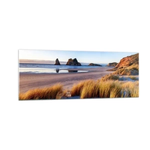 Glasbild - Bild auf glas - Ein malerischer Strand mit Blick auf die Felsen und das Meer bei Sonnenuntergang - 140x50cm - Für Friedenssuchende - Moderne Wanddekoration für Wohnzimmer und Schlafzimmer ARTTOR