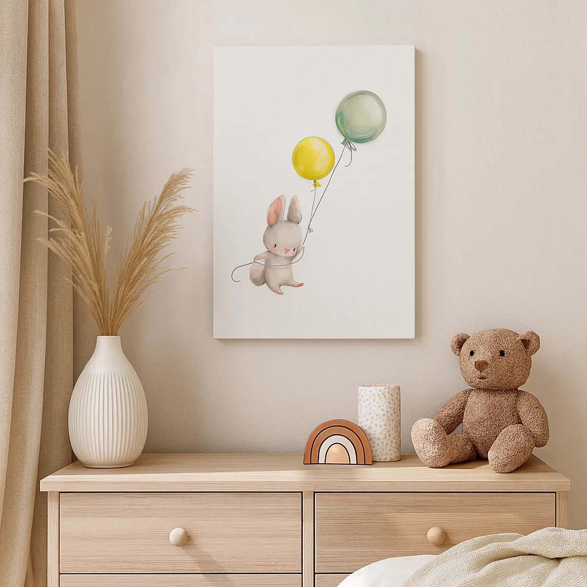 Bild auf Leinwand - Leinwandbild - Ein Kaninchen hält pastellfarbene Luftballons - 50x70cm - Ich werde auch fliegen! - Moderne Wanddekoration für Wohnzimmer und Schlafzimmer ARTTOR