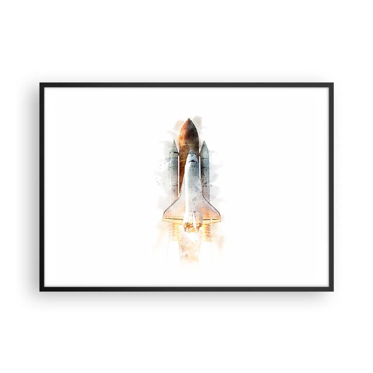 Poster in einem schwarzem Rahmen - Eine künstlerische Aquarell-Interpretation eines startenden Space Shuttles - 100x70cm - Entdecker für den Anfang - Moderne Wanddekoration für Wohnzimmer und Schlafzimmer ARTTOR