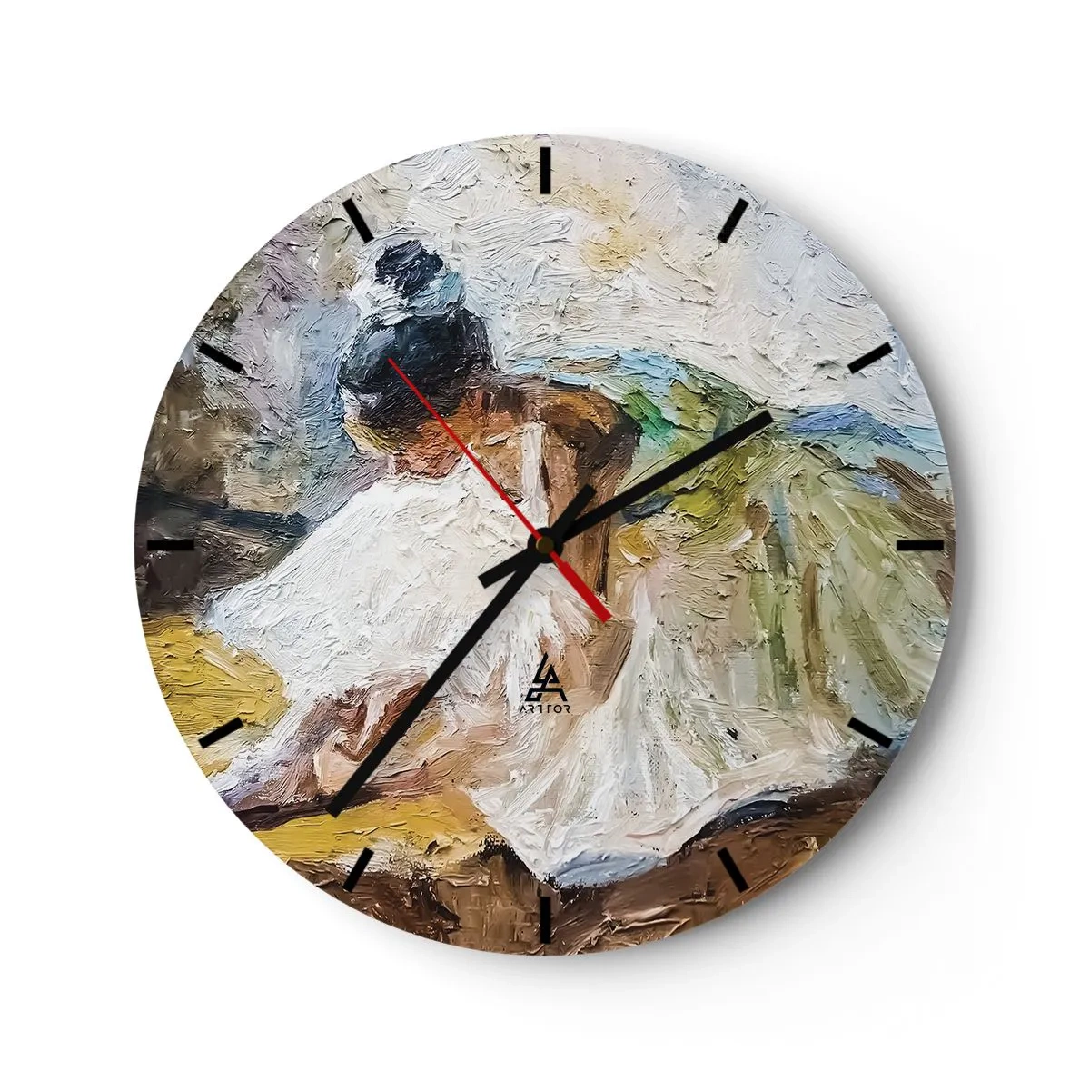 Wanduhr - Glasuhr - Eine Balletttänzerin in einem weißen Kleid, dargestellt im impressionistischen Stil. - 30x30cm - Aus einem Gemälde von Degas - Moderne Wanddekoration für Wohnzimmer, Küche und Schlafzimmer ARTTOR
