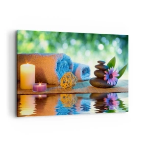 Bild auf Leinwand - Leinwandbild - Entspannendes SPA-Set mit Handtüchern, Kerzen und Steinen - 120x80cm - Zeit für den Körper - Moderne Wanddekoration für Wohnzimmer und Schlafzimmer ARTTOR