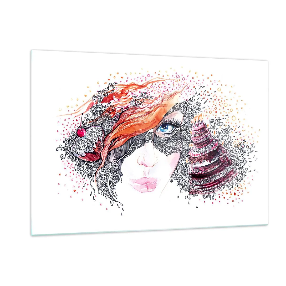Glasbild - Bild auf glas - Frauenportrait mit dynamischen Mustern und roten Akzenten - 120x80cm - Bei ihr ist jeden Tag Feiertag - Moderne Wanddekoration für Wohnzimmer und Schlafzimmer ARTTOR
