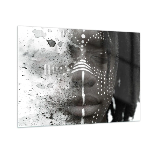 Glasbild - Bild auf glas - Porträt mit Ethno-Muster in Schwarz-Weiß mit Aquarelleffekt - 100x70cm - Entdecke den Urgeist - Moderne Wanddekoration für Wohnzimmer und Schlafzimmer ARTTOR