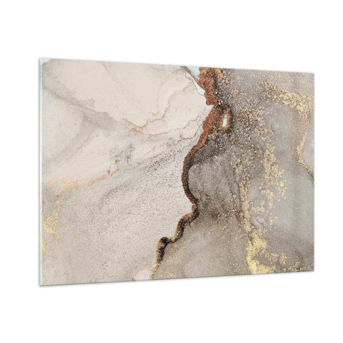 Glasbild - Bild auf glas - Abstrakte Komposition mit Beige, Gold und Graphit - 100x70cm - An der Grenze der Farben - Moderne Wanddekoration für Wohnzimmer und Schlafzimmer ARTTOR