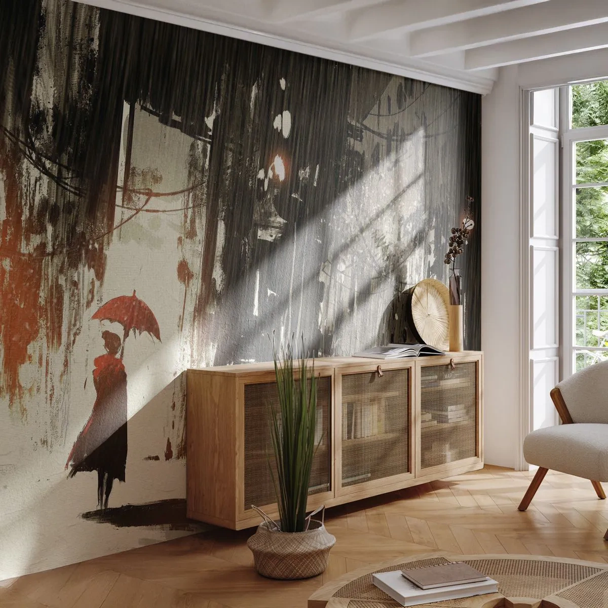 Fototapete Premium Sand - Die Poesie des roten Regenschirms - Stadt, Frau, Die Architektur - 300x210 cm