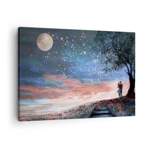 Bild auf Leinwand - Leinwandbild - Romantische Paarszene unter Vollmond - 70x50cm - Ein sternenklares Spektakel - Moderne Wanddekoration für Wohnzimmer und Schlafzimmer ARTTOR