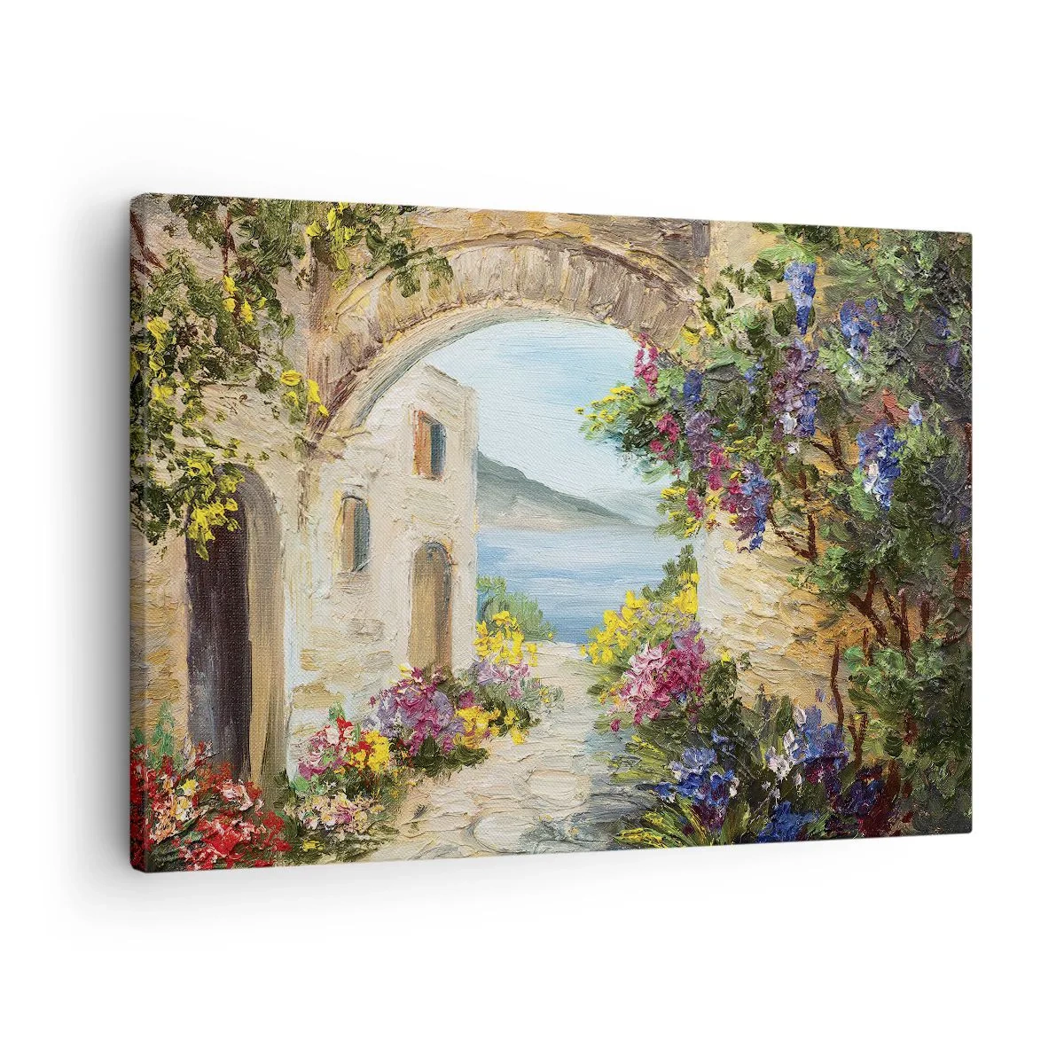 Bild auf Leinwand - Leinwandbild - Küstenlandschaft mit Steingebäuden und Blumen - 70x50cm - Charme einer Küstenprovinz - Moderne Wanddekoration für Wohnzimmer und Schlafzimmer ARTTOR