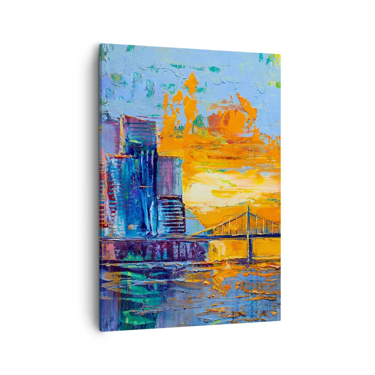 Bild auf Leinwand - Leinwandbild - Eine farbenfrohe Stadt mit einer Brücke in der untergehenden Sonne - 50x70cm - Kultur und Natur - Moderne Wanddekoration für Wohnzimmer und Schlafzimmer ARTTOR