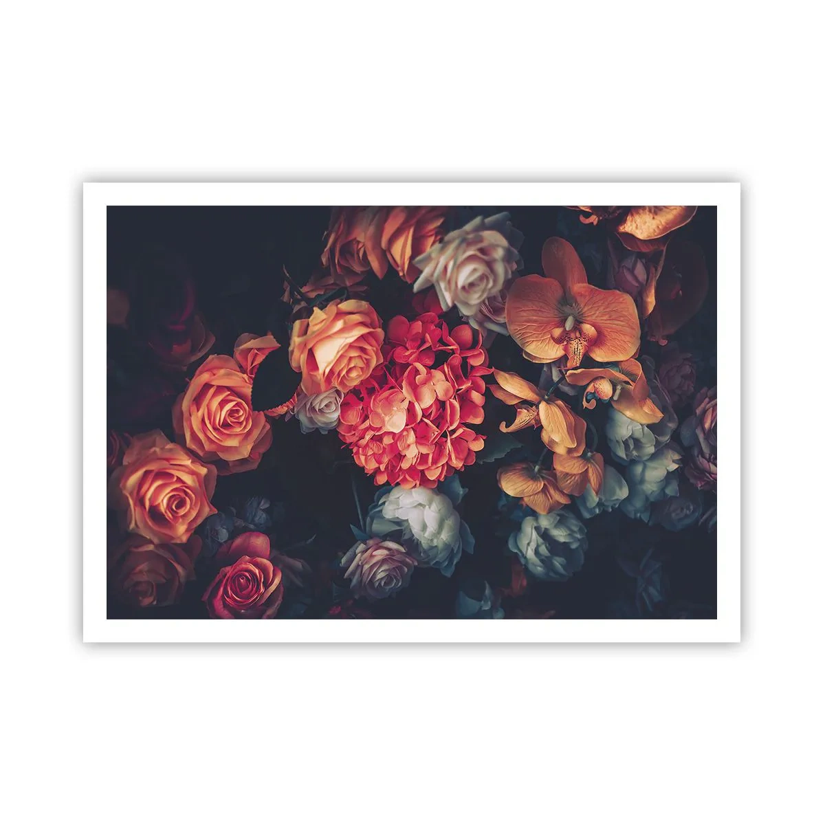Poster - Ein Strauß verschiedener Blumen in dunklen Tönen - 100x70cm - Wie bei den holländischen Meistern - Moderne Wanddekoration für Wohnzimmer und Schlafzimmer ARTTOR