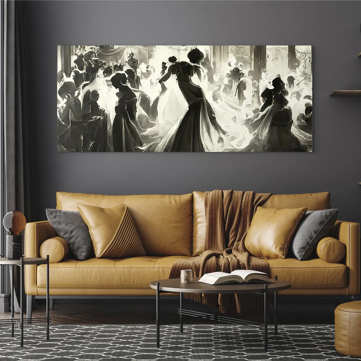 Glasbild - Bild auf glas - Ball im Retro-Stil in Schwarz und Weiß - 140x50cm - Die große Maskerade - Moderne Wanddekoration für Wohnzimmer und Schlafzimmer ARTTOR