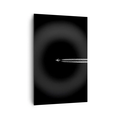 Bild auf Leinwand - Leinwandbild - Ein Düsenflugzeug mit sichtbarem Kondensstreifen auf schwarzem Hintergrund - 80x120cm - In eine andere Dimension - Moderne Wanddekoration für Wohnzimmer und Schlafzimmer ARTTOR
