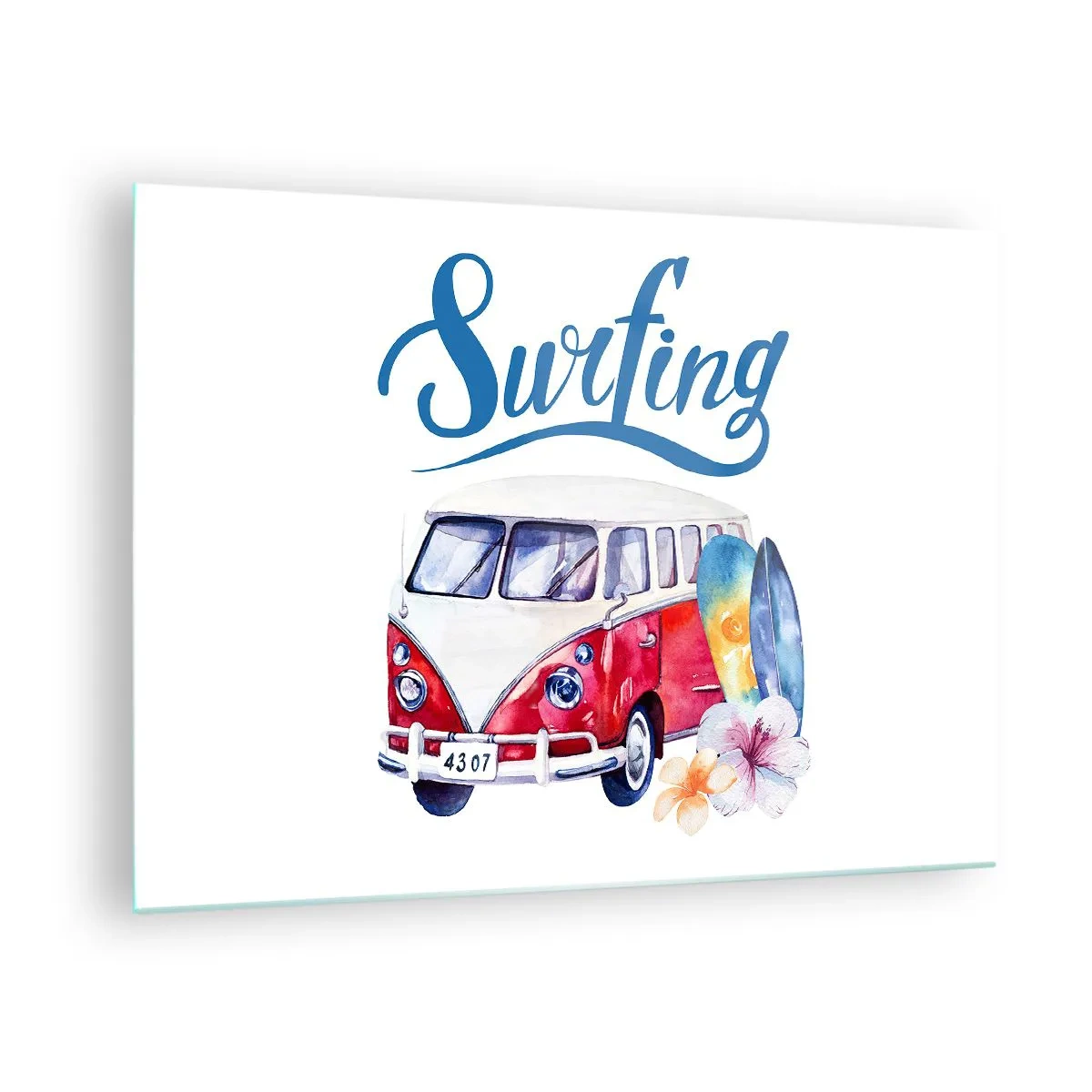 Glasbild - Bild auf glas - Surfthema mit Van und Brettern - 70x50cm - Gurke - ein Klassiker für einen Surfer - Moderne Wanddekoration für Wohnzimmer und Schlafzimmer ARTTOR