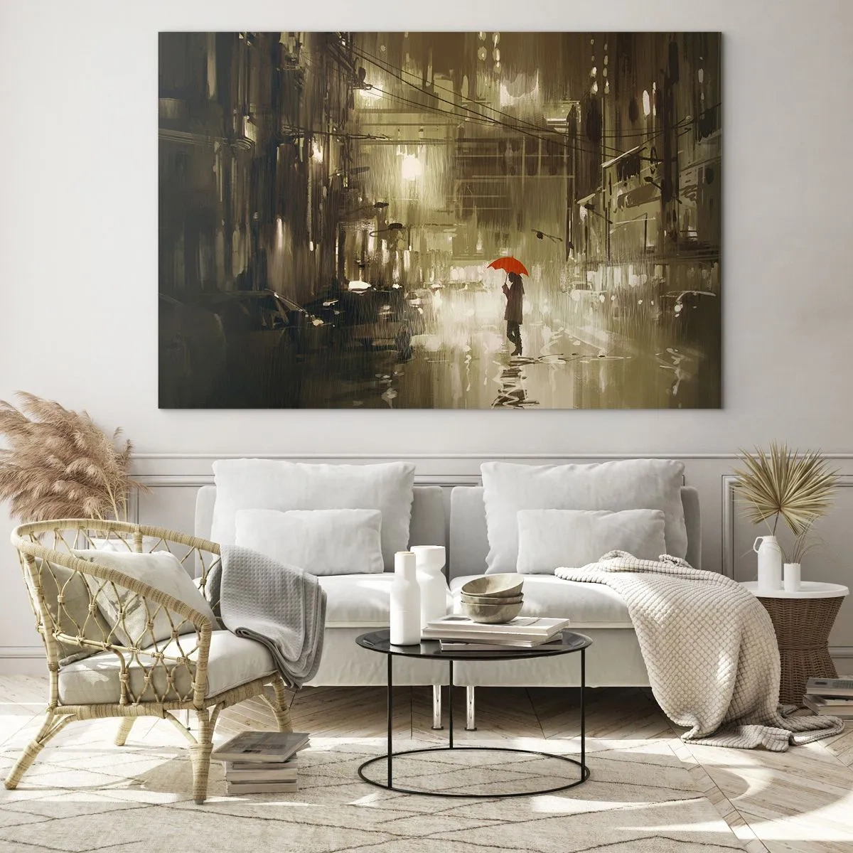 Glasbild - Bild auf glas - Person mit rotem Regenschirm im regnerischen Stadtlicht bei Nacht - 120x80cm - Allein aber nicht einsam - Moderne Wanddekoration für Wohnzimmer und Schlafzimmer ARTTOR