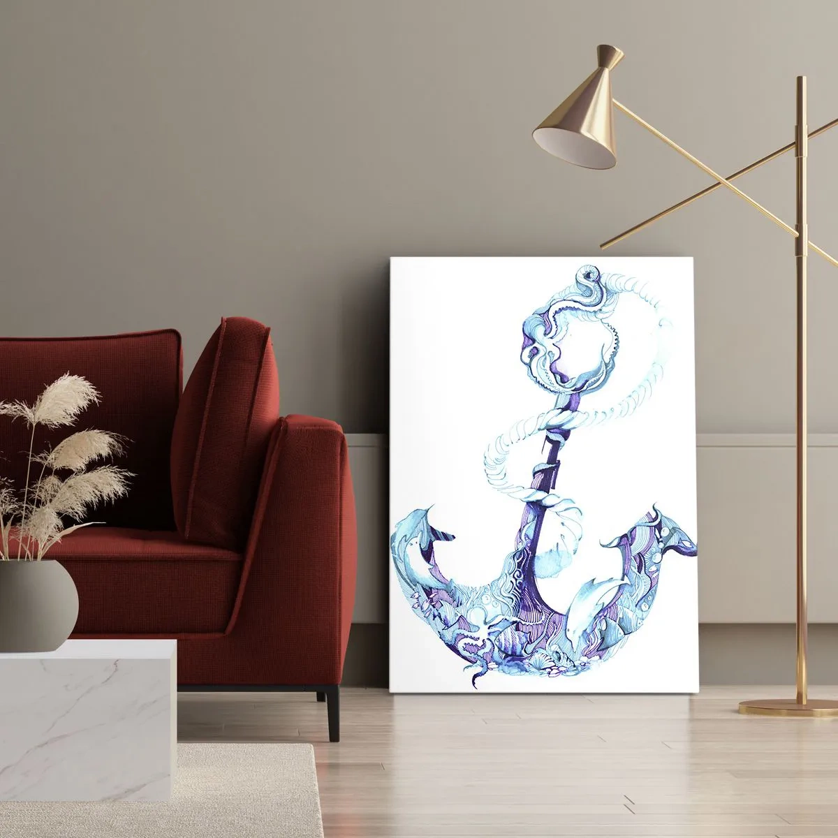 Bild auf Leinwand - Leinwandbild - Abstrakter Anker in Blautönen mit nautischen Details - 50x70cm - Der Vertraute der Geheimnisse des Meeres - Moderne Wanddekoration für Wohnzimmer und Schlafzimmer ARTTOR