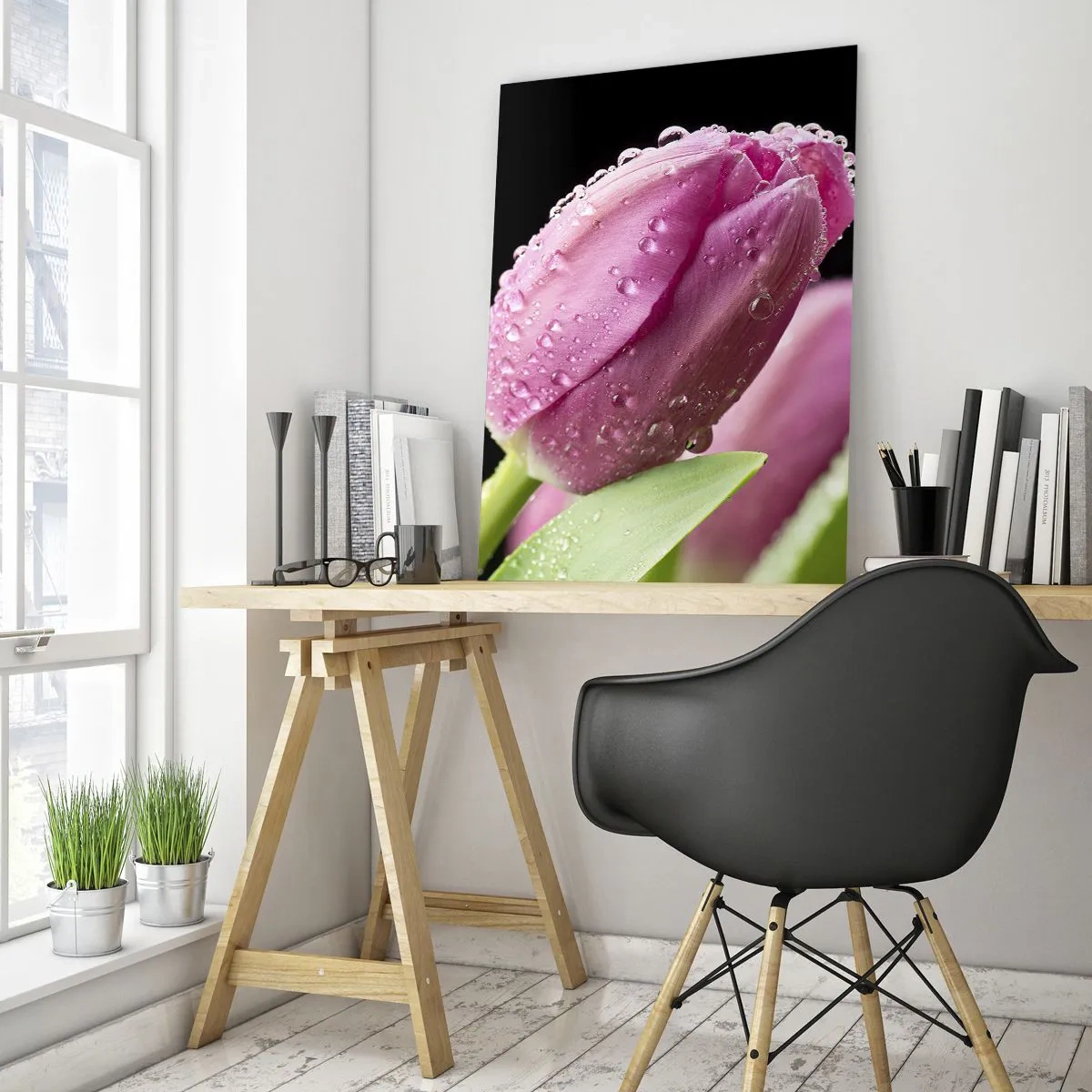 Glasbild - Bild auf glas - Rosa Tulpe mit Wassertropfen auf schwarzem Hintergrund - 80x120cm - Lila Traum im Tau - Moderne Wanddekoration für Wohnzimmer und Schlafzimmer ARTTOR