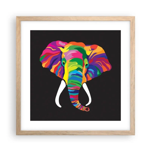 Poster in einem Rahmen aus heller Eiche - Der Elefant, der es liebte, im Regenbogen zu baden - 40x40 cm