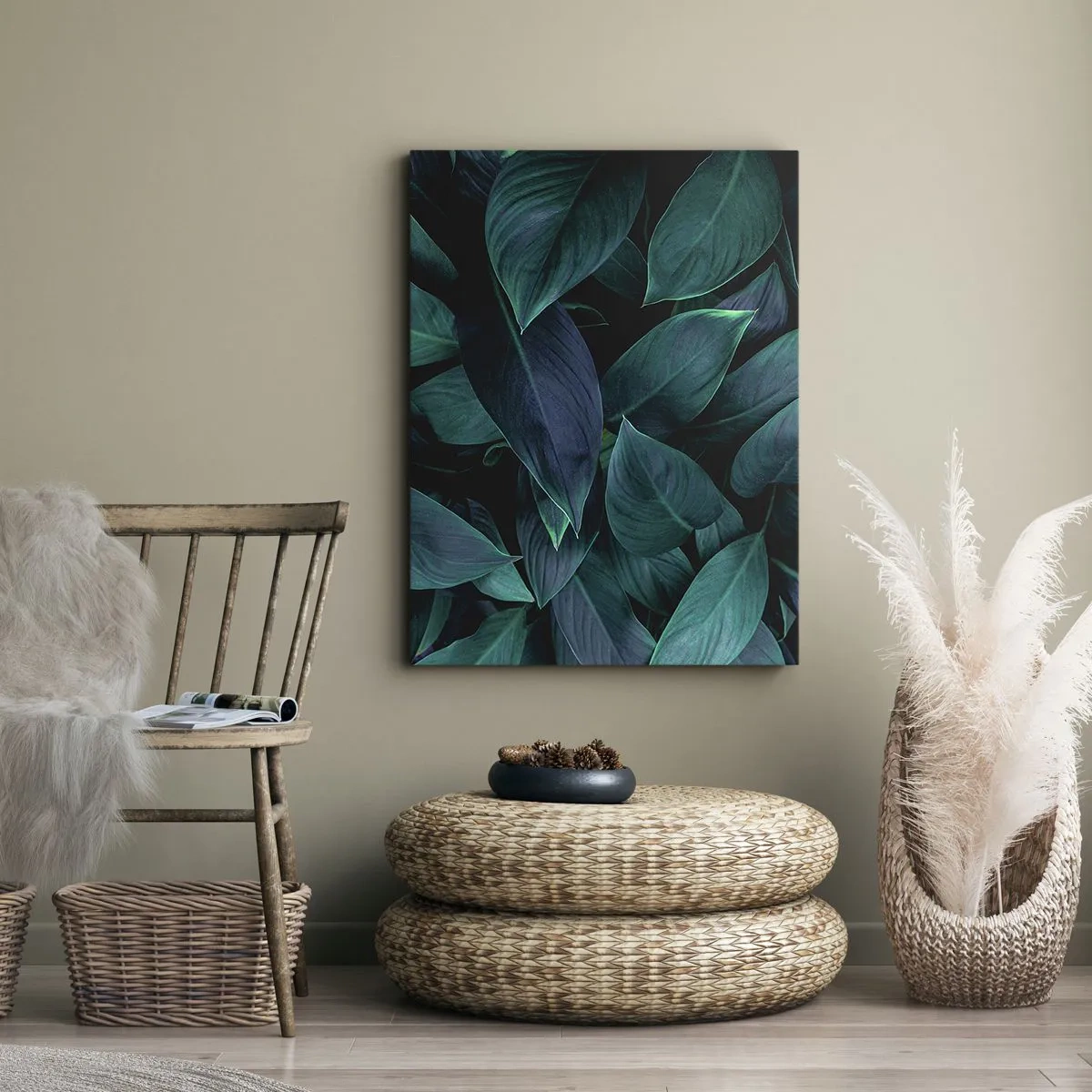 Bild auf Leinwand - Leinwandbild - Nahaufnahme von grünen Blättern mit dunklem Hintergrund - 70x100cm - Grün in sich selbst - Moderne Wanddekoration für Wohnzimmer und Schlafzimmer ARTTOR