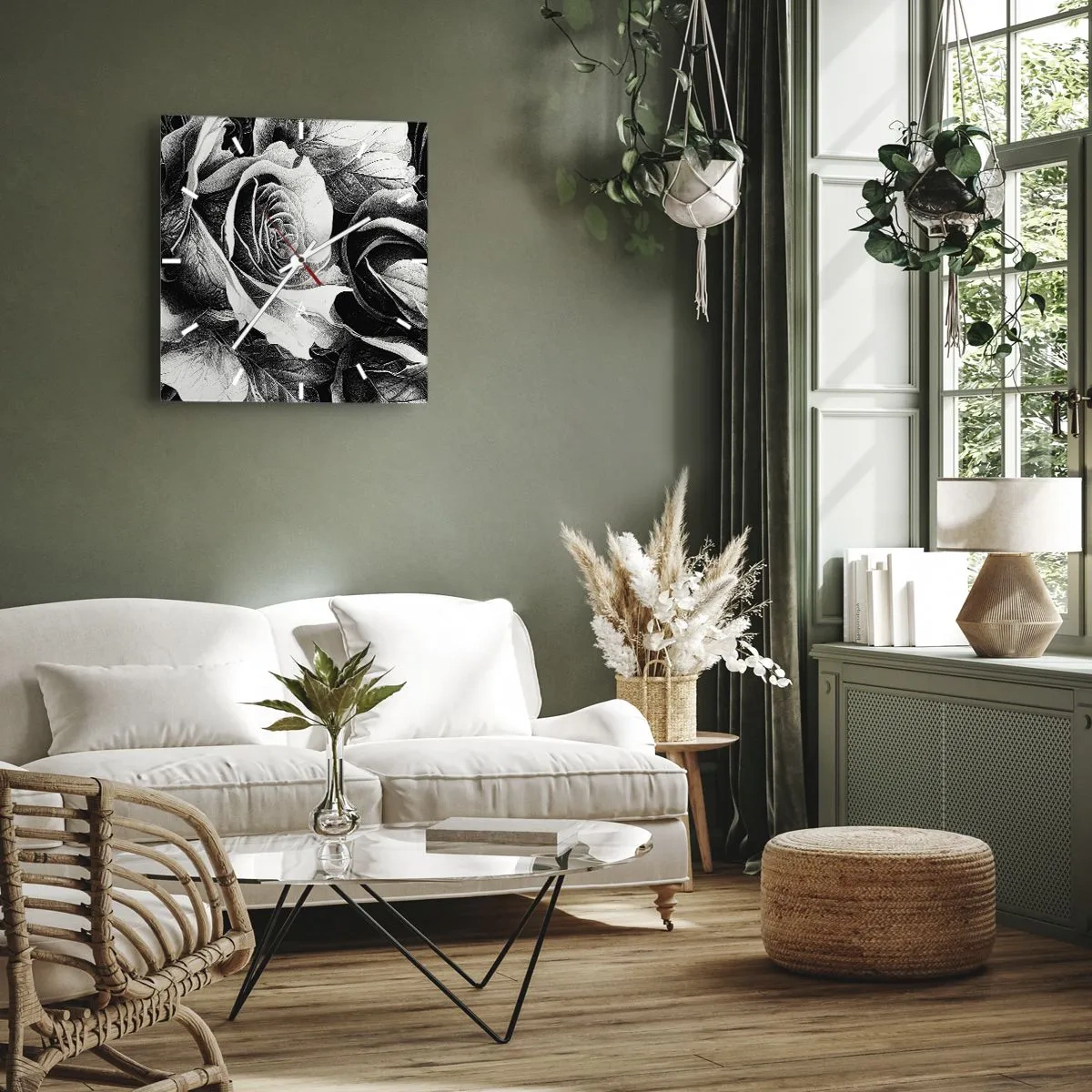 Wanduhr - Glasuhr - Schwarze und weiße Rosen in einer eleganten Komposition - 30x30cm - Immer Königin - Moderne Wanddekoration für Wohnzimmer und Schlafzimmer ARTTOR