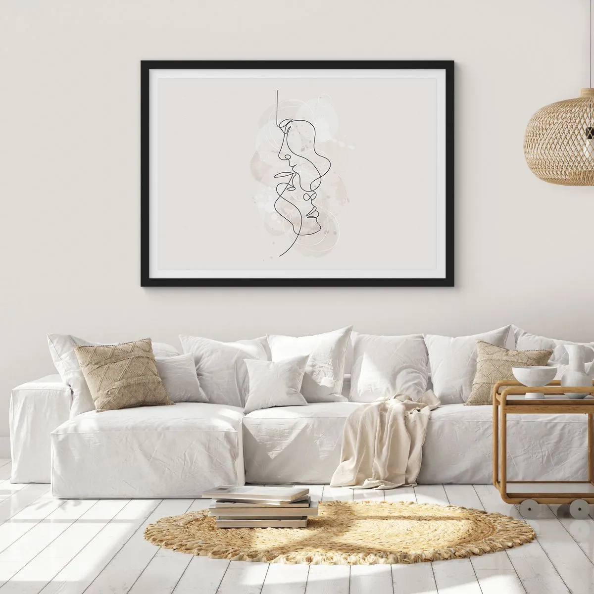 Poster in einem schwarzem Rahmen - Abstrakte Umrisse zweier Gesichter auf hellem Hintergrund - 70x50cm - Verstrickt in eine Umarmung - Moderne Wanddekoration für Wohnzimmer und Schlafzimmer ARTTOR