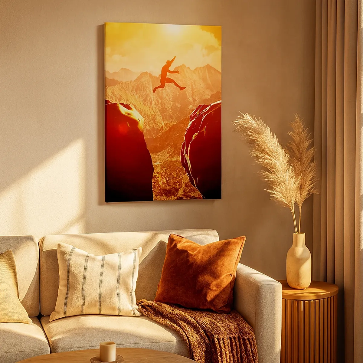Bild auf Leinwand - Leinwandbild - Eine Figur springt zwischen Felsen mit Bergen im Hintergrund - 50x70cm - Grenzen überschreiten - Moderne Wanddekoration für Wohnzimmer und Schlafzimmer ARTTOR