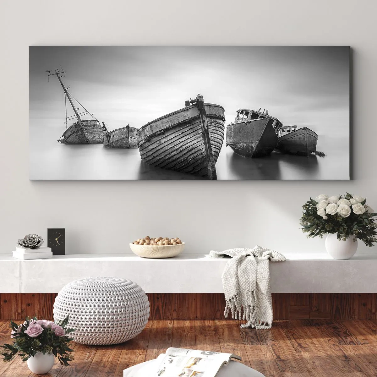 Bild auf Leinwand - Leinwandbild - Verlassene Boote auf ruhigem Wasser - 120x50cm - Nur Erinnerungen ... - Moderne Wanddekoration für Wohnzimmer und Schlafzimmer ARTTOR