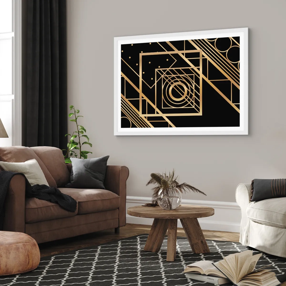 Poster in einem weißen Rahmen - Goldene Geometrie - 91x61 cm