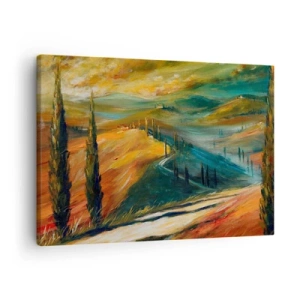 Bild auf Leinwand - Leinwandbild - Toskanische Landschaft mit Feldern, Straße und Zypressen - 70x50cm - Toskanische Landschaft - Moderne Wanddekoration für Wohnzimmer und Schlafzimmer ARTTOR