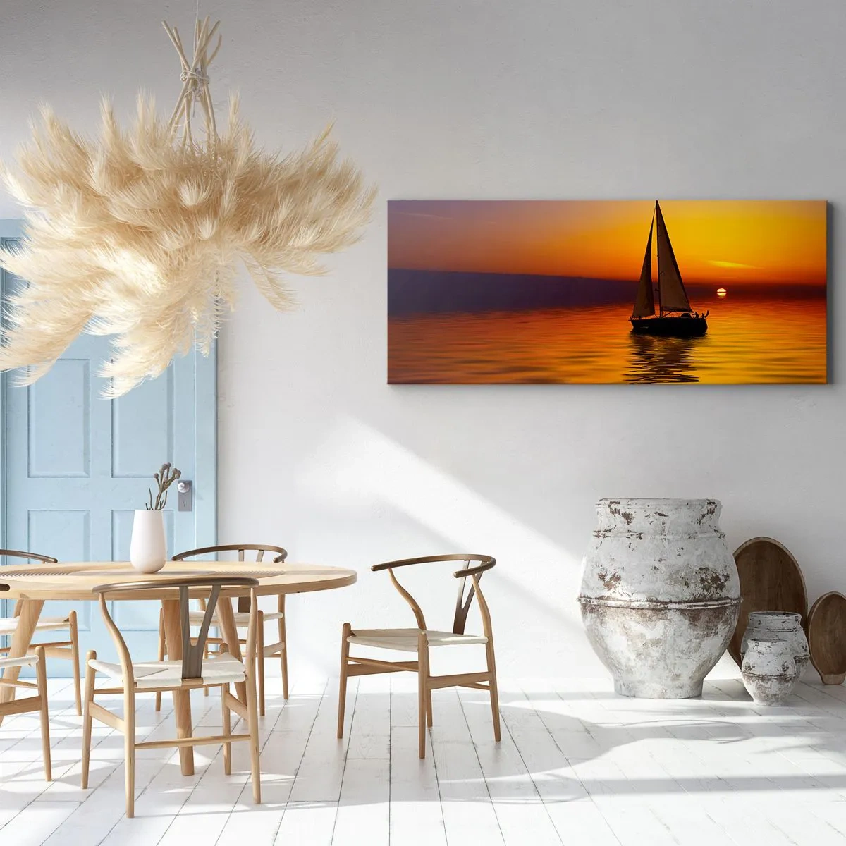 Bild auf Leinwand - Leinwandbild - Ein Segelboot auf ruhiger See bei Sonnenuntergang - 160x50cm - Wie ruhig es hier in der Abenddämmerung ist... - Moderne Wanddekoration für Wohnzimmer und Schlafzimmer ARTTOR