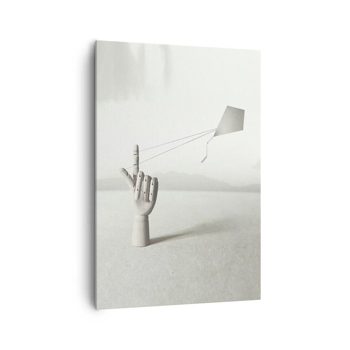 Bild auf Leinwand - Leinwandbild - Eine minimalistische Holzhand mit einem Drachen vor einem Landschaftshintergrund. - 70x100cm - Kraftprobe - Moderne Wanddekoration für Wohnzimmer und Schlafzimmer ARTTOR