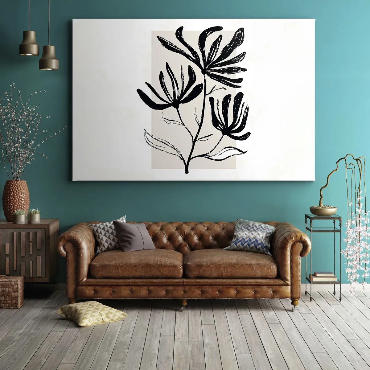 Bild auf Leinwand - Leinwandbild - Minimalistisches schwarz-weißes Blumenmotiv - 70x50cm - Skizze für das Herbarium - Moderne Wanddekoration für Wohnzimmer und Schlafzimmer ARTTOR