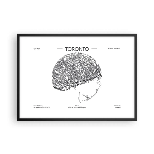 Poster in einem schwarzem Rahmen - Eine Karte von Toronto im minimalistischen Schwarz-Weiß-Stil - 70x50cm - Anatomie von Toronto - Moderne Wanddekoration für Wohnzimmer und Schlafzimmer ARTTOR