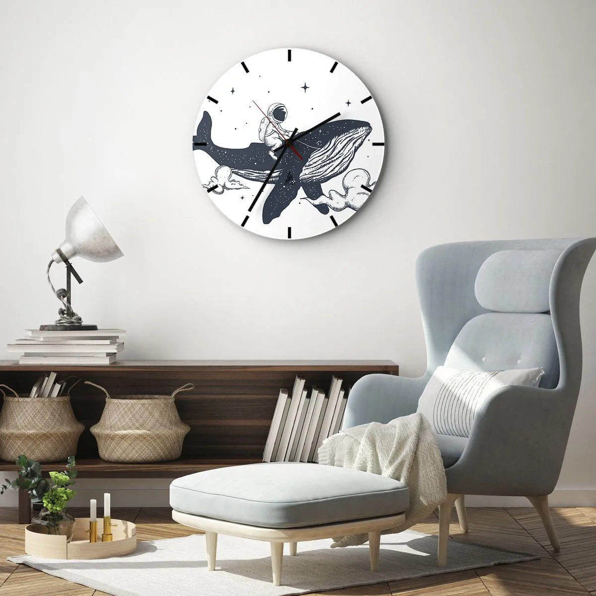 Wanduhr - Glasuhr - Astronaut reitet auf einem Wal im Weltraum - 30x30cm - Weltraumabenteuer - Moderne Wanddekoration für Wohnzimmer, Küche und Schlafzimmer ARTTOR