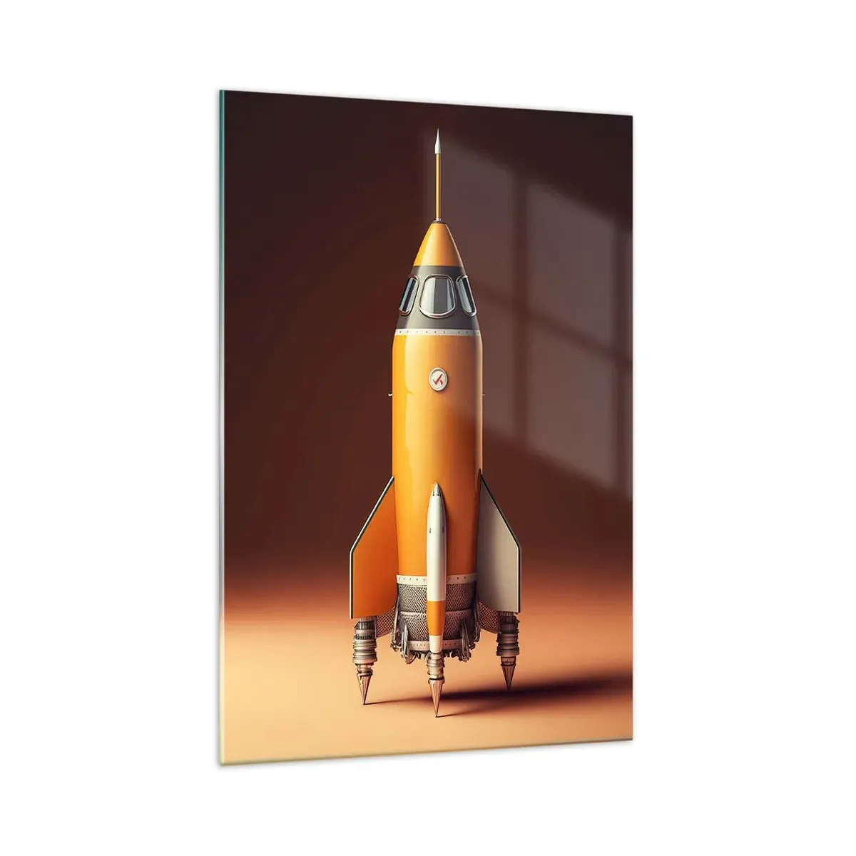 Glasbild - Bild auf glas - Eine Rakete im Retro-Stil vor einem Hintergrund in Brauntönen - 70x100cm - Es beginnt mit einem Traum - Moderne Wanddekoration für Wohnzimmer und Schlafzimmer ARTTOR