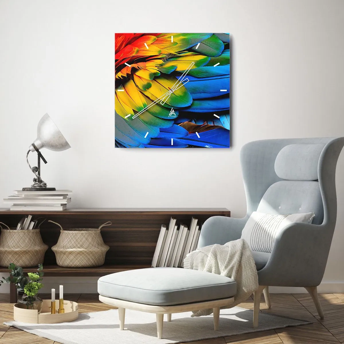 Wanduhr - Glasuhr - Eine Nahaufnahme der bunten Federn eines Papageis - 30x30cm - Paradiesvogel - Moderne Wanddekoration für Wohnzimmer und Schlafzimmer ARTTOR